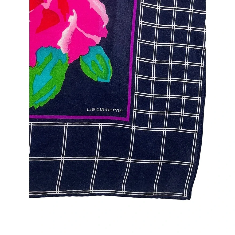 Liz Claiborne Vintage 100% Silk Scarf Navy Blue Pink Floral Windowpane Japan 31